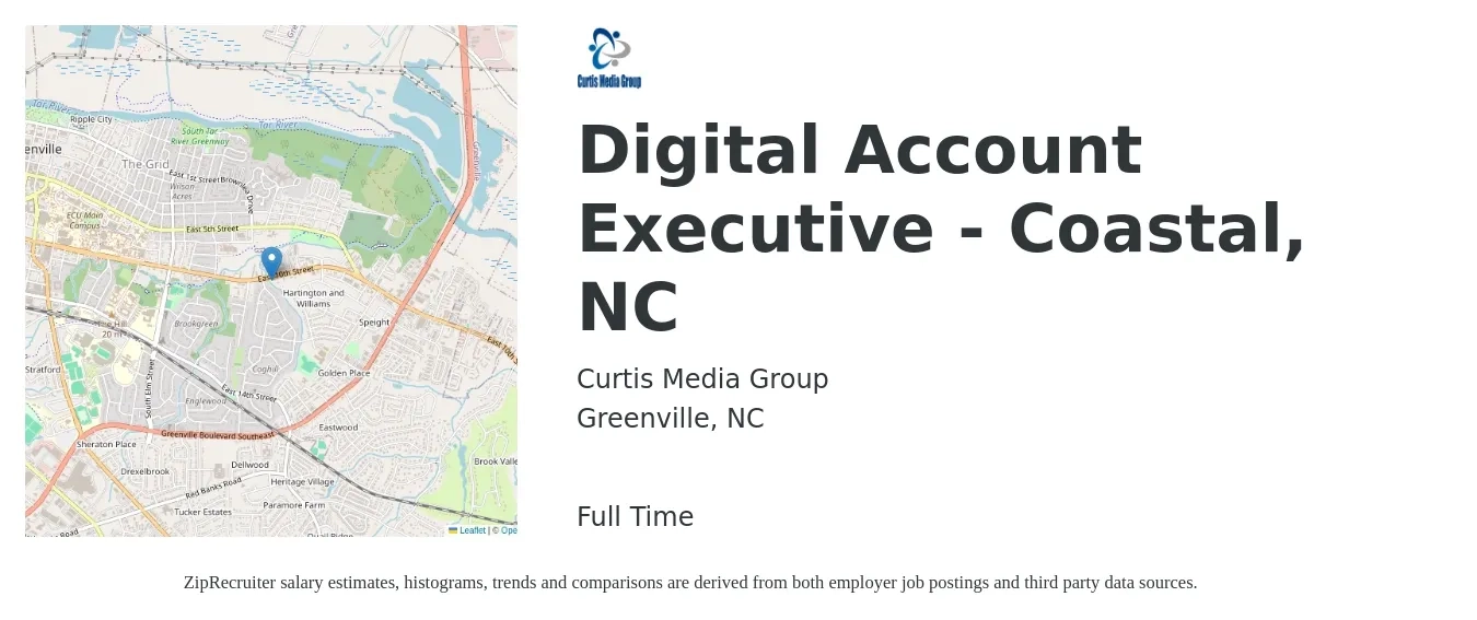 Curtis Media Group job posting for a Digital Account Executive - Coastal, NC in Greenville, NC with a salary of $45,200 to $61,700 Yearly with a map of Greenville location.