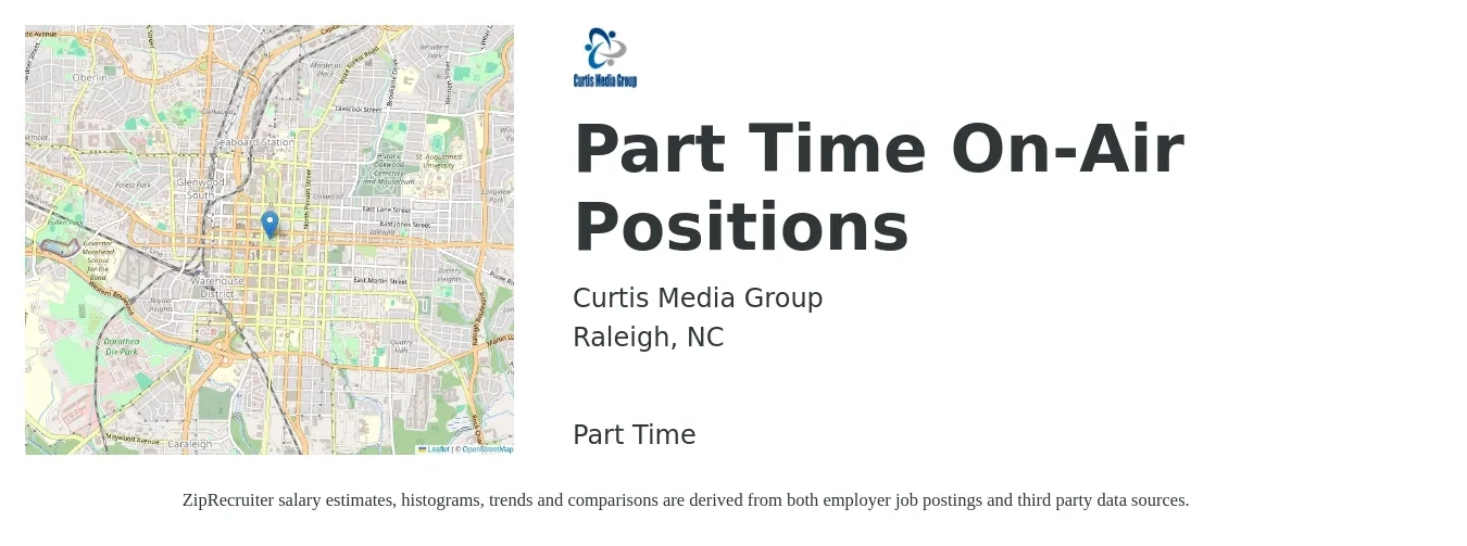 Curtis Media Group job posting for a Part Time On-Air Positions in Raleigh, NC with a map of Raleigh location.