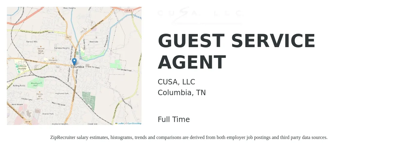 CUSA, LLC job posting for a GUEST SERVICE AGENT in Columbia, TN with a salary of $13 to $16 Hourly with a map of Columbia location.