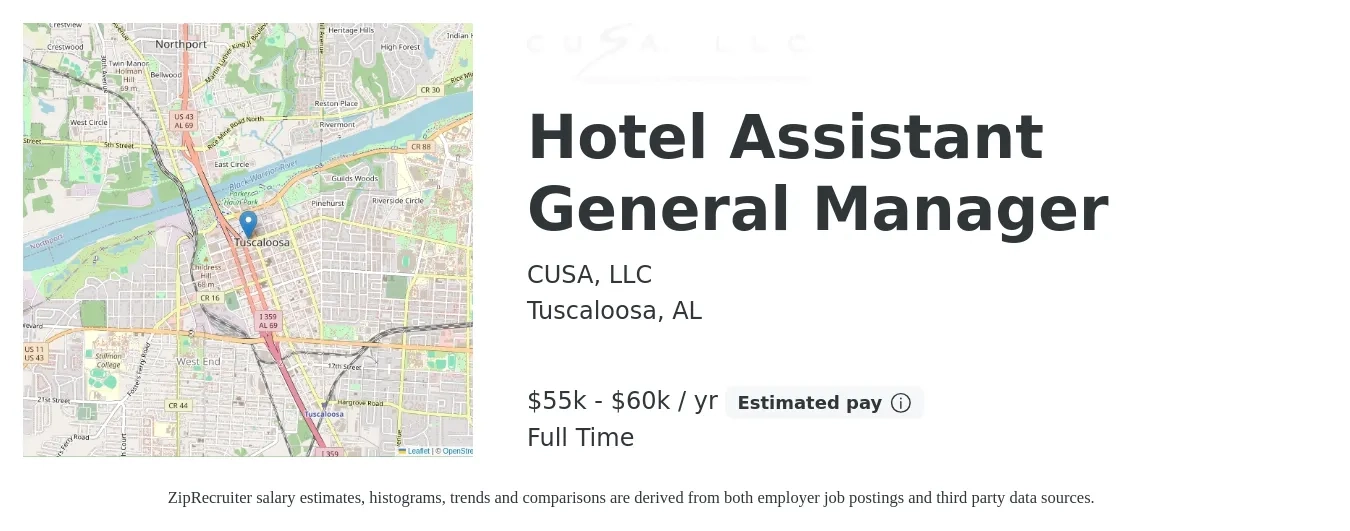CUSA, LLC job posting for a Hotel Assistant General Manager in Tuscaloosa, AL with a salary of $55,000 to $60,000 Yearly with a map of Tuscaloosa location.