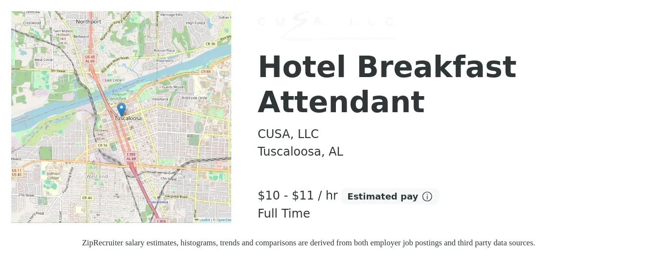 CUSA, LLC job posting for a Hotel Breakfast Attendant in Tuscaloosa, AL with a salary of $12 to $14 Hourly with a map of Tuscaloosa location.