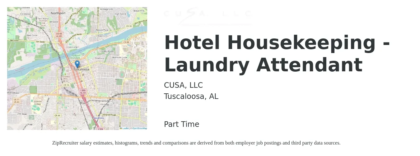 CUSA, LLC job posting for a Hotel Housekeeping - Laundry Attendant in Tuscaloosa, AL with a salary of $11 to $12 Hourly with a map of Tuscaloosa location.