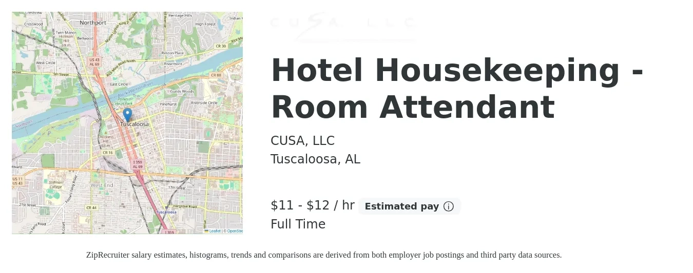 CUSA, LLC job posting for a Hotel Housekeeping - Room Attendant in Tuscaloosa, AL with a salary of $12 to $14 Hourly with a map of Tuscaloosa location.
