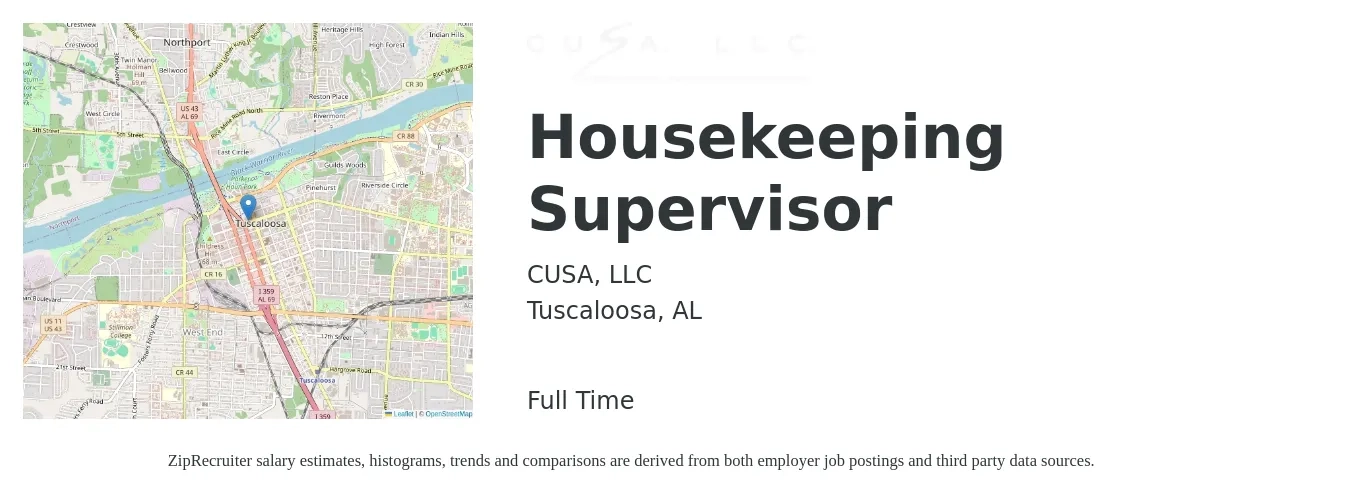 CUSA, LLC job posting for a Housekeeping Supervisor in Tuscaloosa, AL with a salary of $16 to $22 Hourly with a map of Tuscaloosa location.