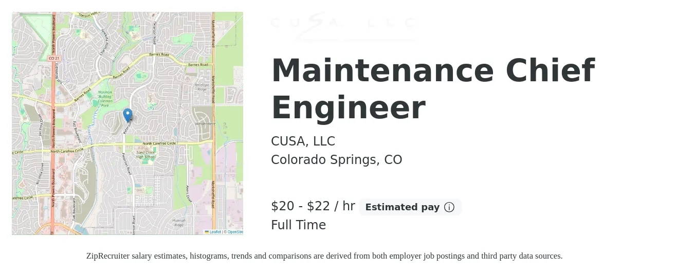 CUSA, LLC job posting for a Maintenance Chief Engineer in Colorado Springs, CO with a salary of $20 to $23 Hourly with a map of Colorado Springs location.