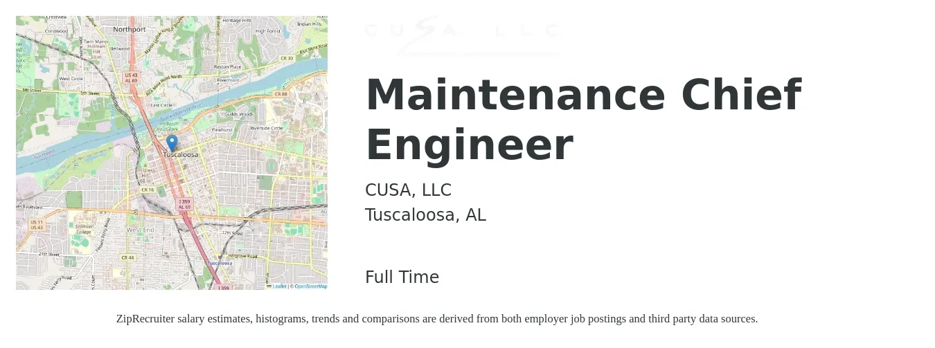 CUSA, LLC job posting for a Maintenance Chief Engineer in Tuscaloosa, AL with a salary of $16 to $17 Hourly with a map of Tuscaloosa location.