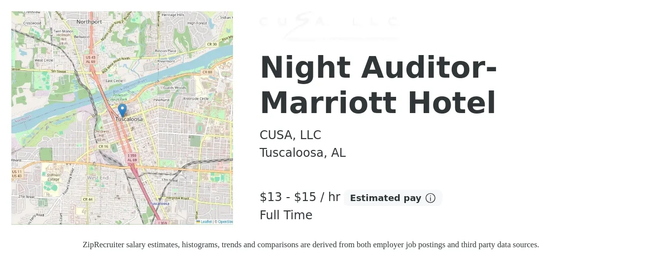 CUSA, LLC job posting for a Night Auditor-Marriott Hotel in Tuscaloosa, AL with a salary of $14 to $16 Hourly with a map of Tuscaloosa location.