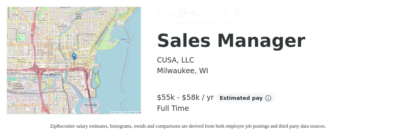 CUSA, LLC job posting for a Sales Manager in Milwaukee, WI with a salary of $55,000 to $58,000 Yearly with a map of Milwaukee location.
