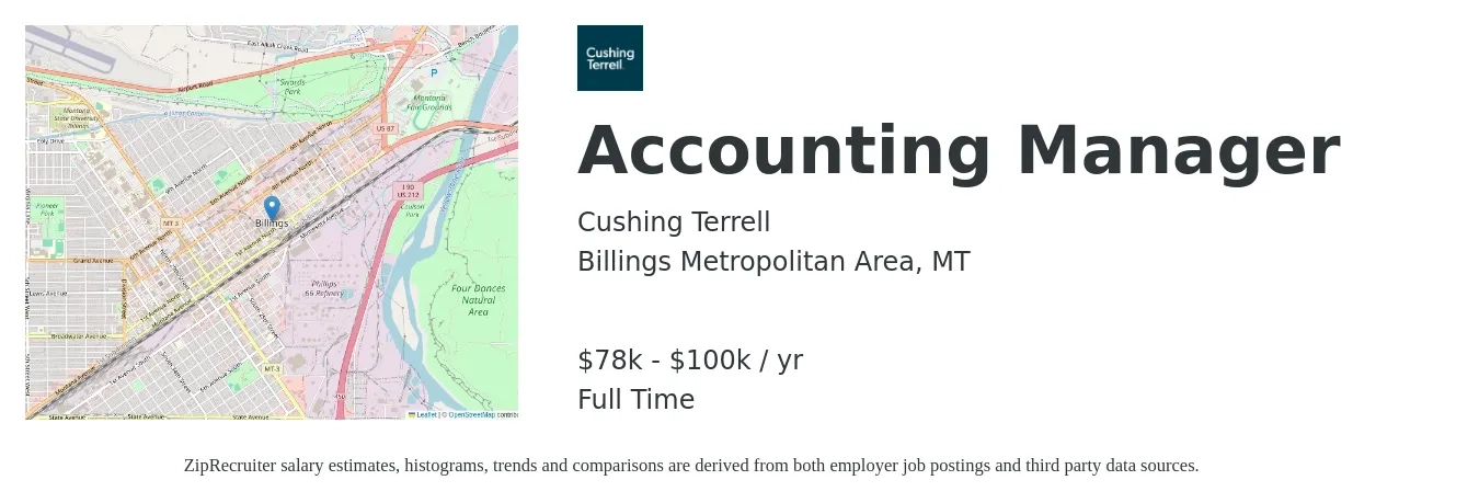 Cushing Terrell job posting for a Accounting Manager in Billings Metropolitan Area, MT with a salary of $78,000 to $100,000 Yearly with a map of Billings Metropolitan Area location.