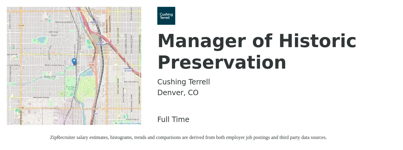 Cushing Terrell job posting for a Manager of Historic Preservation in Denver, CO with a salary of $80,000 to $125,000 Yearly with a map of Denver location.