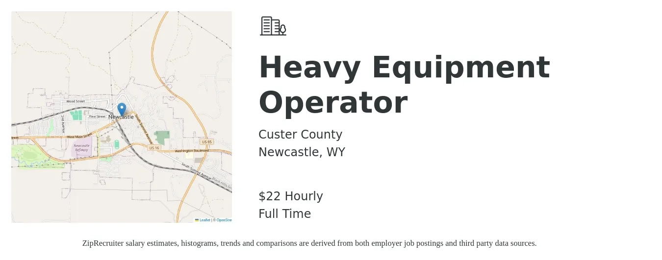 Custer County job posting for a Heavy Equipment Operator in Newcastle, WY with a salary of $23 Hourly with a map of Newcastle location.