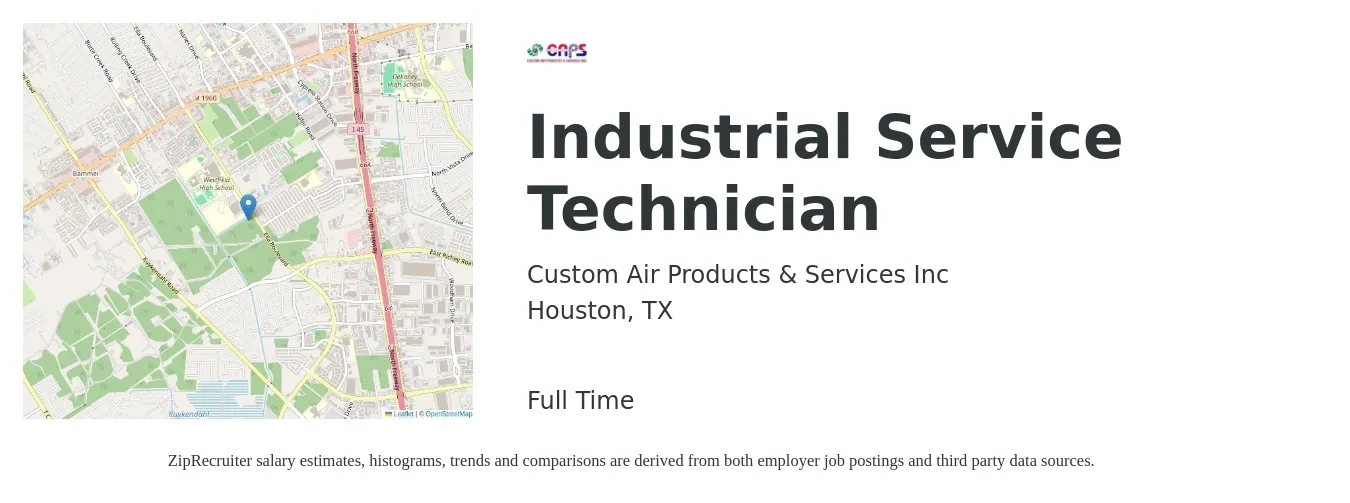 Custom Air Products & Services Inc job posting for a Industrial Service Technician in Houston, TX with a salary of $20 to $32 Hourly with a map of Houston location.
