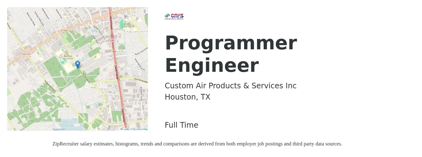 Custom Air Products & Services Inc job posting for a Programmer Engineer in Houston, TX with a salary of $63,400 to $86,300 Yearly with a map of Houston location.