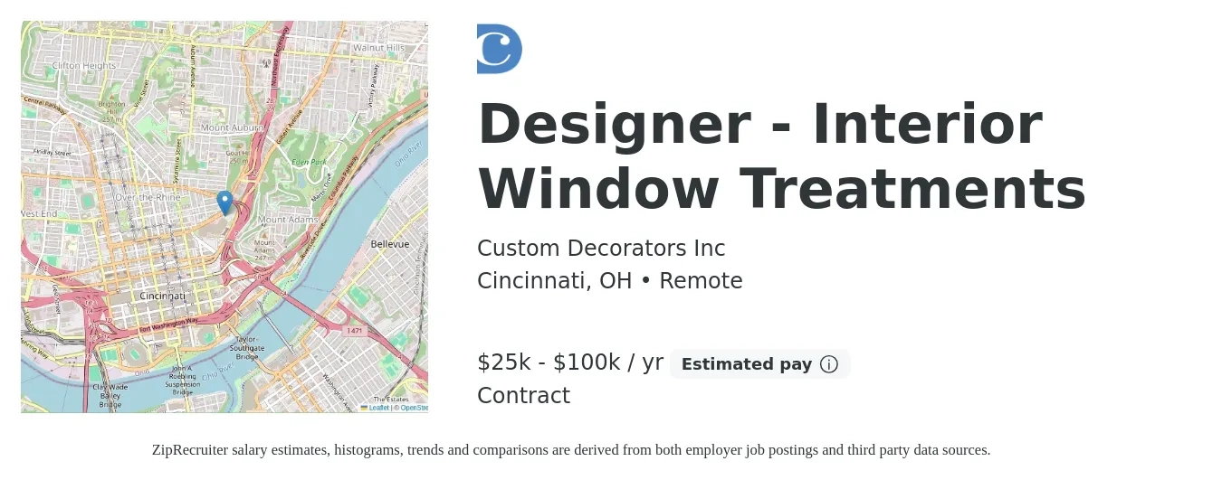Custom Decorators Inc job posting for a Designer - Interior Window Treatments in Cincinnati, OH with a salary of $25,000 to $100,000 Yearly with a map of Cincinnati location.