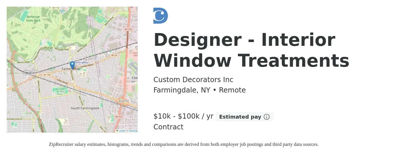 Custom Decorators Inc job posting for a Designer - Interior Window Treatments in Farmingdale, NY with a salary of $10,000 to $100,000 Yearly with a map of Farmingdale location.