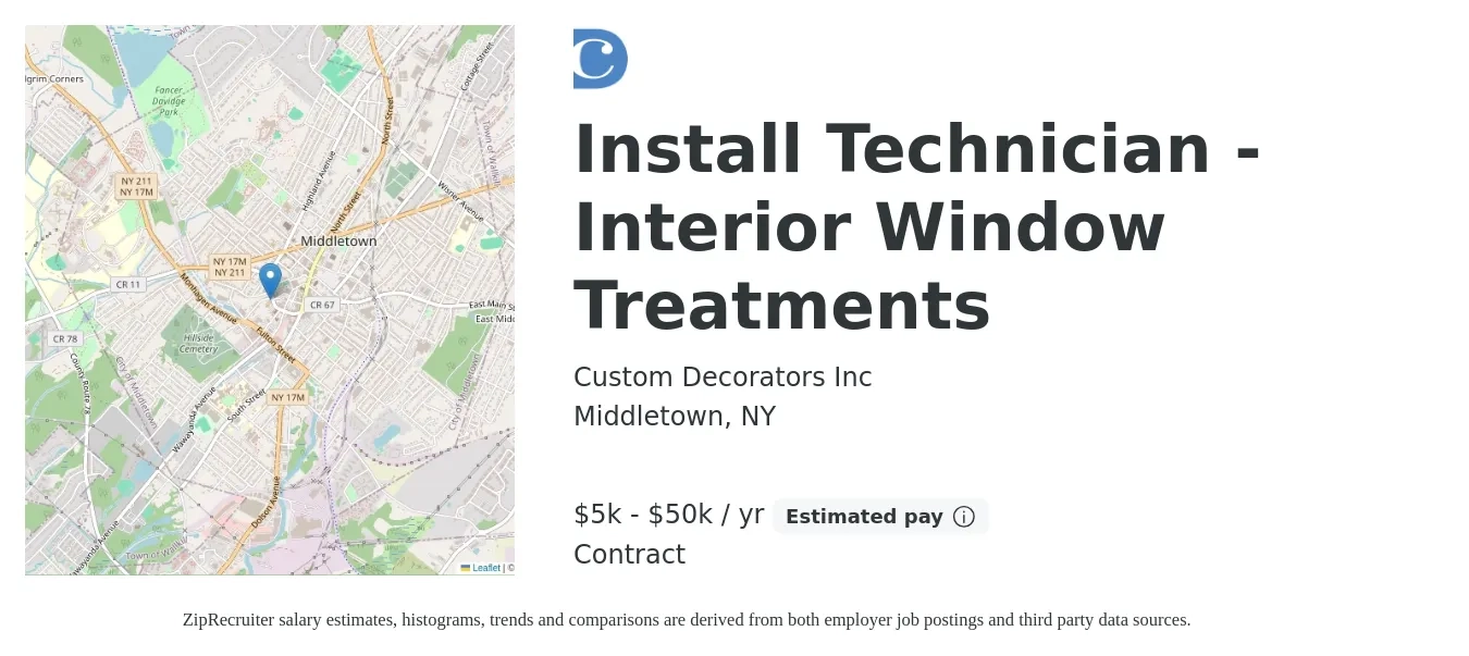 Custom Decorators Inc job posting for a Install Technician - Interior Window Treatments in Middletown, NY with a salary of $5,000 to $50,000 Yearly with a map of Middletown location.