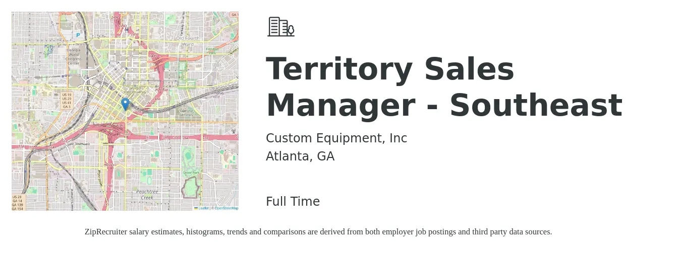Custom Equipment, Inc job posting for a Territory Sales Manager - Southeast in Atlanta, GA with a salary of $62,000 to $95,200 Yearly with a map of Atlanta location.