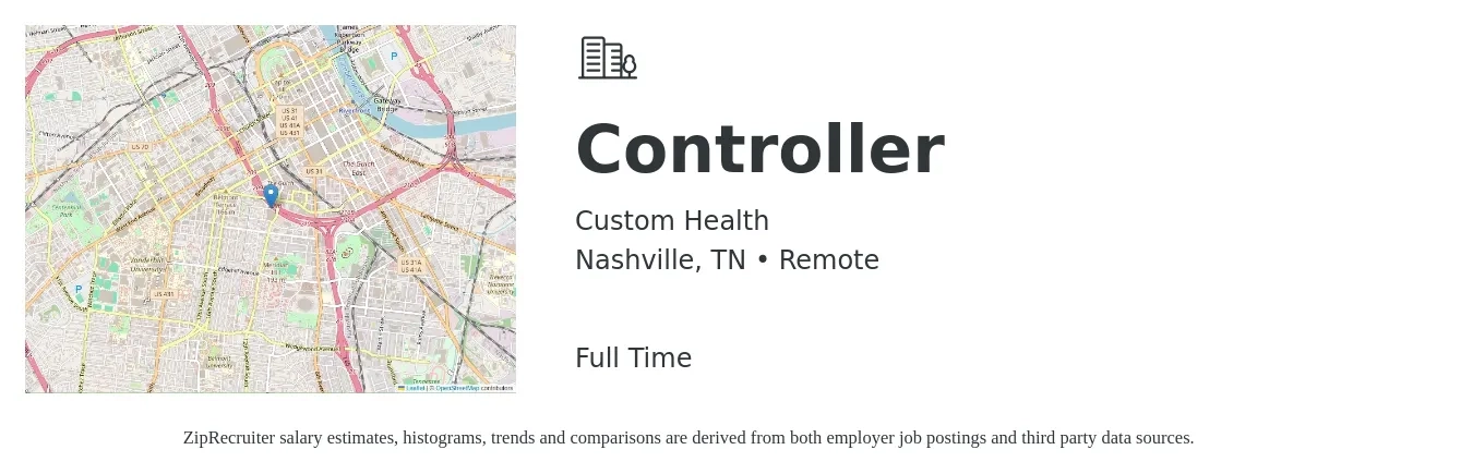 Custom Health job posting for a Controller in Nashville, TN with a salary of $93,700 to $133,800 Yearly with a map of Nashville location.