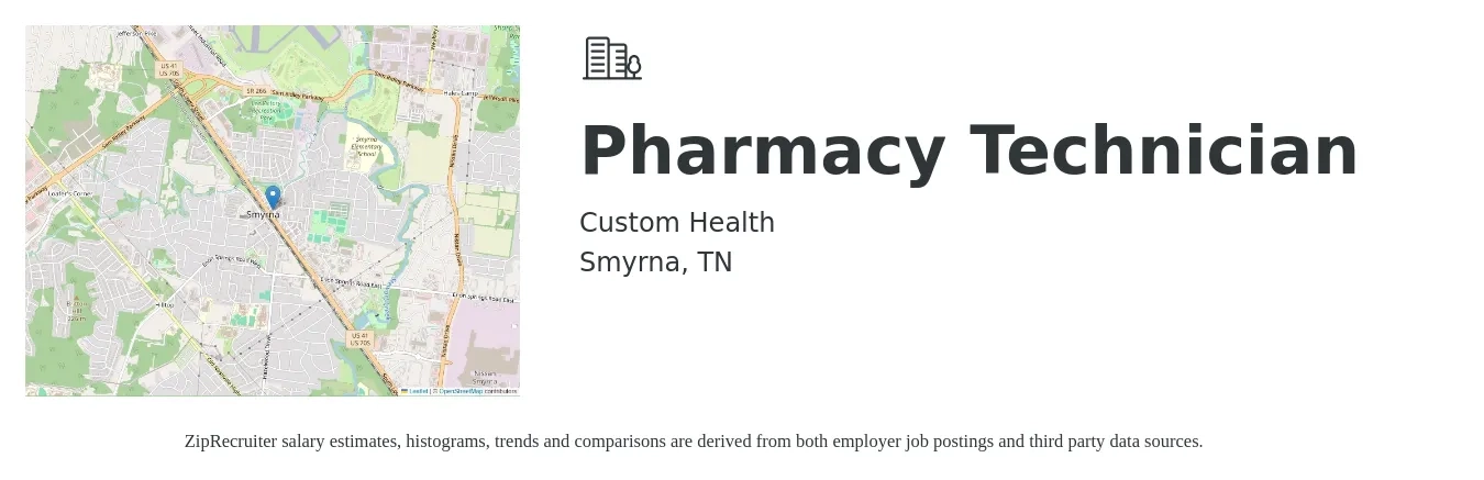 Custom Health job posting for a Pharmacy Technician in Smyrna, TN with a salary of $16 to $20 Hourly with a map of Smyrna location.