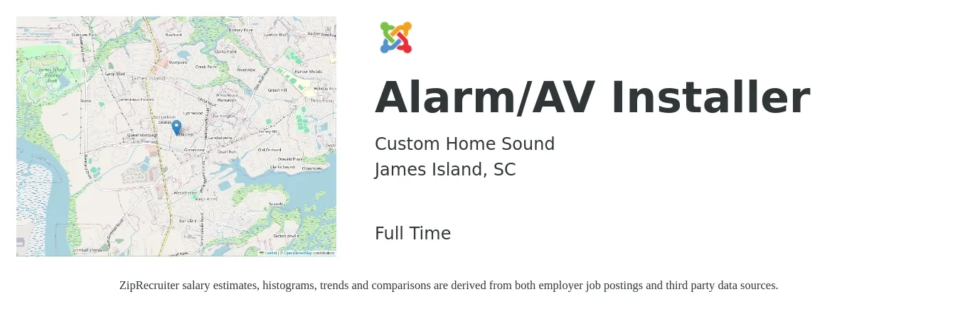 Custom Home Sound job posting for a Alarm/AV Installer in James Island, SC with a salary of $38,500 to $55,400 Yearly with a map of James Island location.