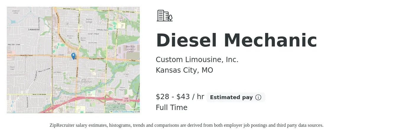 Custom Limousine, Inc. job posting for a Diesel Mechanic in Kansas City, MO with a salary of $30 to $45 Hourly with a map of Kansas City location.