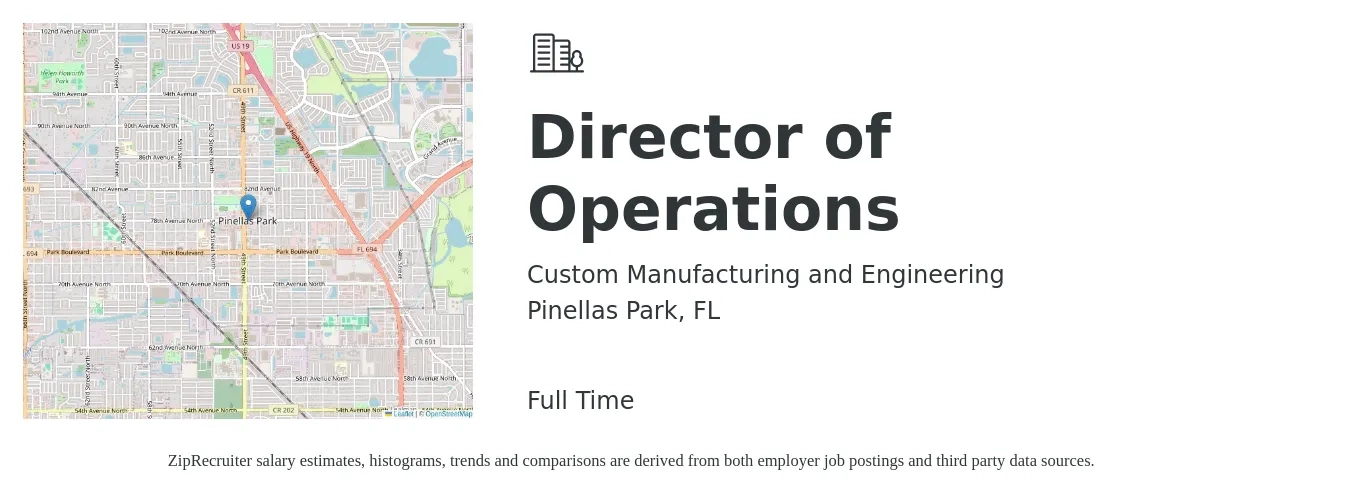 Custom Manufacturing and Engineering job posting for a Director of Operations in Pinellas Park, FL with a salary of $80,000 to $100,000 Yearly with a map of Pinellas Park location.