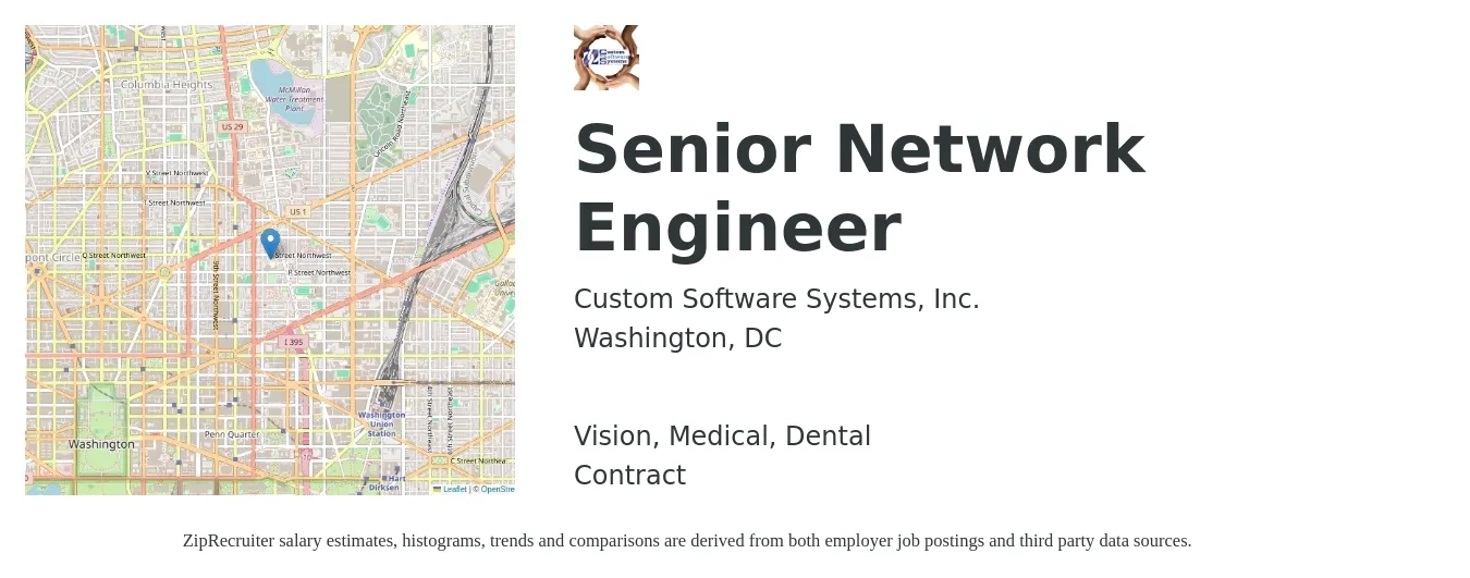 Custom Software Systems, Inc. job posting for a Senior Network Engineer in Washington, DC with a salary of $117,800 to $161,400 Yearly and benefits including life_insurance, medical, retirement, vision, and dental with a map of Washington location.