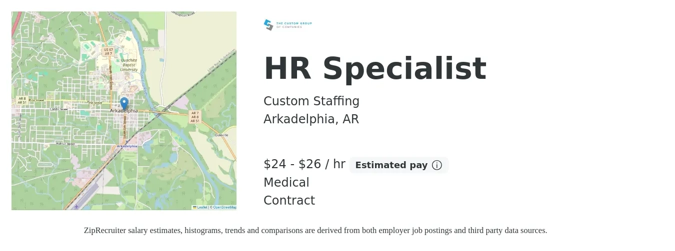 Custom Staffing job posting for a HR Specialist in Arkadelphia, AR with a salary of $25 to $28 Hourly and benefits including medical with a map of Arkadelphia location.