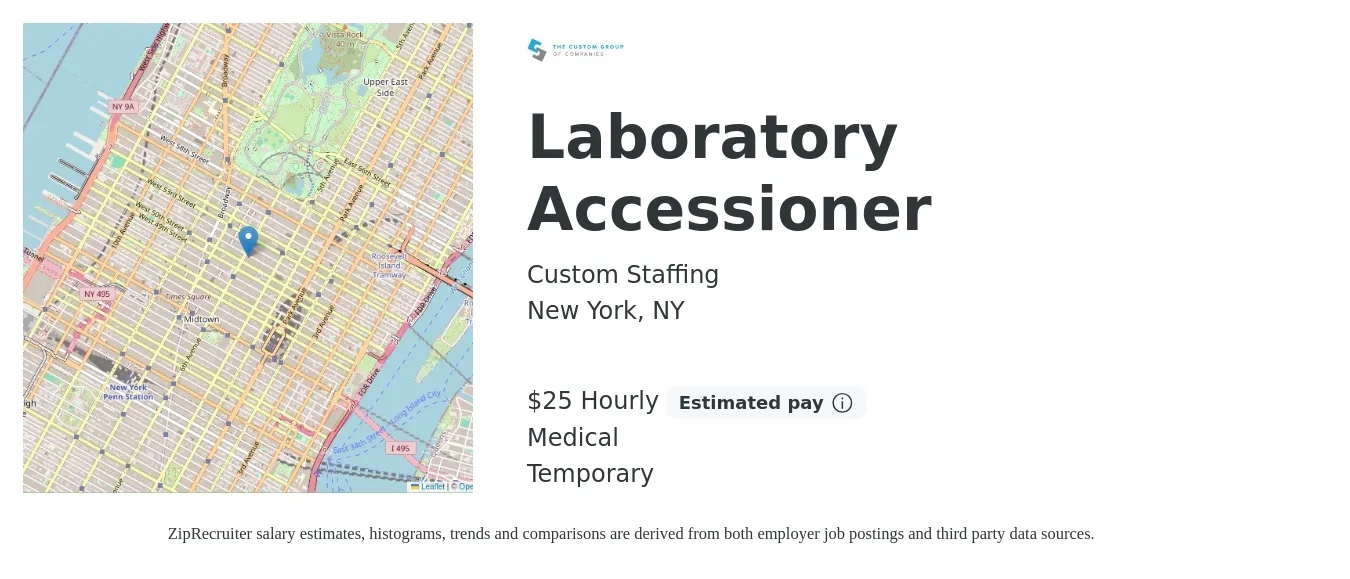 Custom Staffing job posting for a Laboratory Accessioner in New York, NY with a salary of $26 Hourly and benefits including retirement, and medical with a map of New York location.