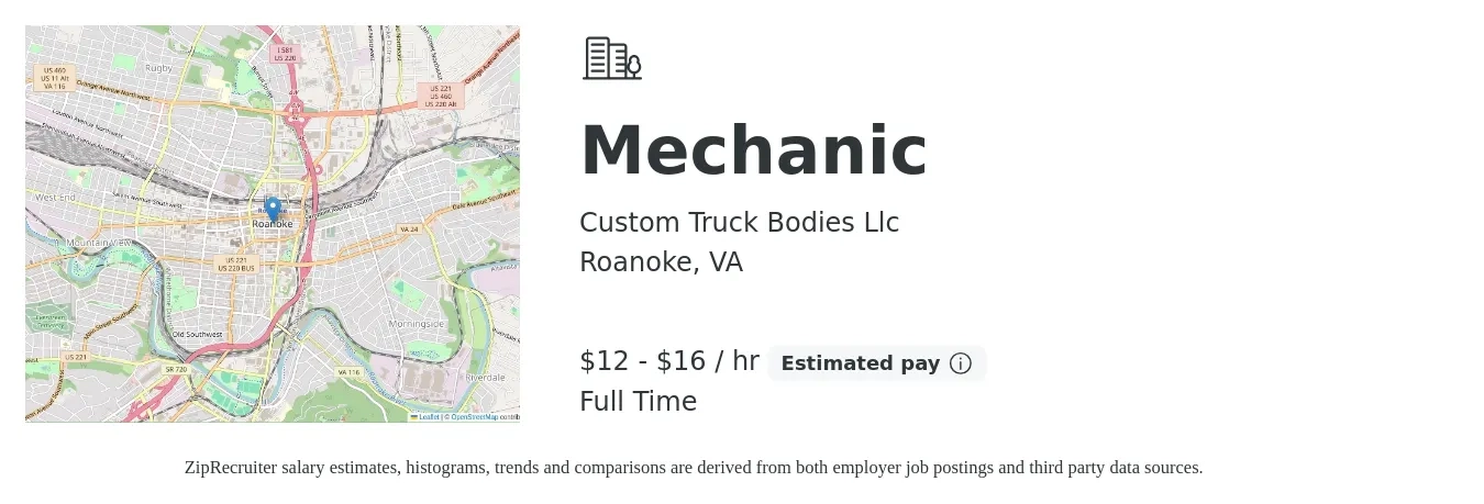 Custom Truck Bodies Llc job posting for a Mechanic in Roanoke, VA with a salary of $13 to $17 Hourly with a map of Roanoke location.