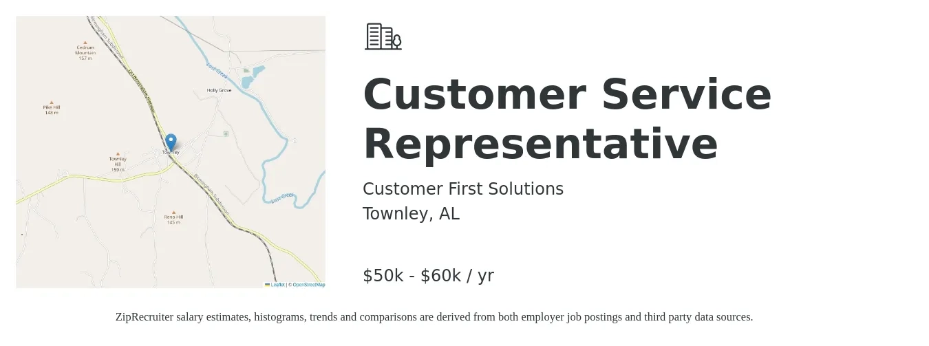 Customer First Solutions job posting for a Customer Service Representative in Townley, AL with a salary of $50,000 to $60,000 Yearly with a map of Townley location.