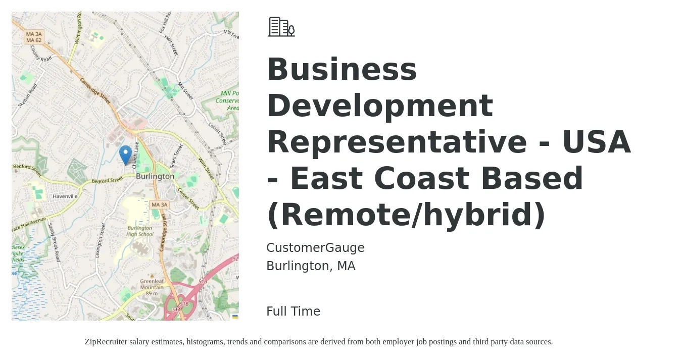 CustomerGauge job posting for a Business Development Representative - USA - East Coast Based (Remote/hybrid) in Burlington, MA with a salary of $49,000 to $76,200 Yearly with a map of Burlington location.