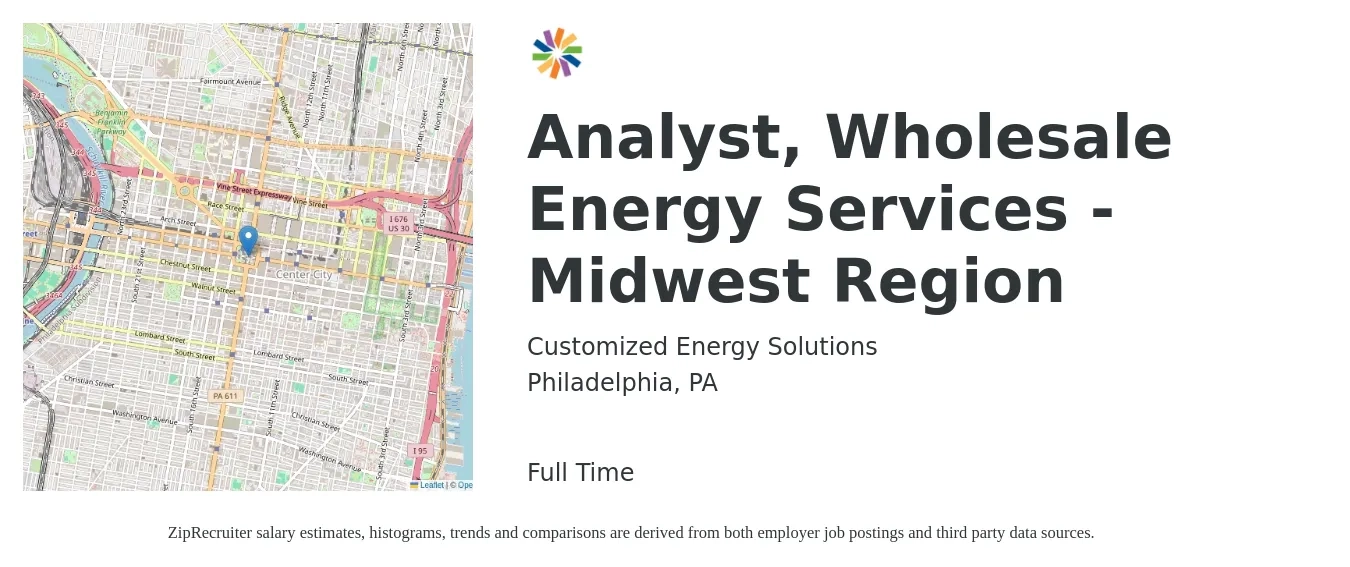 Customized Energy Solutions job posting for a Analyst, Wholesale Energy Services - Midwest Region in Philadelphia, PA with a salary of $37 to $62 Hourly with a map of Philadelphia location.