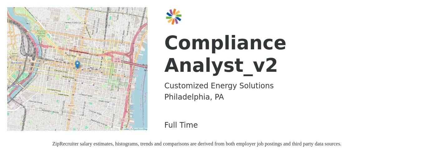 Customized Energy Solutions job posting for a Compliance Analyst_v2 in Philadelphia, PA with a salary of $29 to $41 Hourly with a map of Philadelphia location.