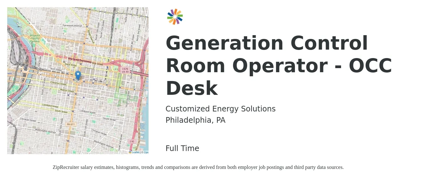 Customized Energy Solutions job posting for a Generation Control Room Operator - OCC Desk in Philadelphia, PA with a salary of $19 to $27 Hourly with a map of Philadelphia location.