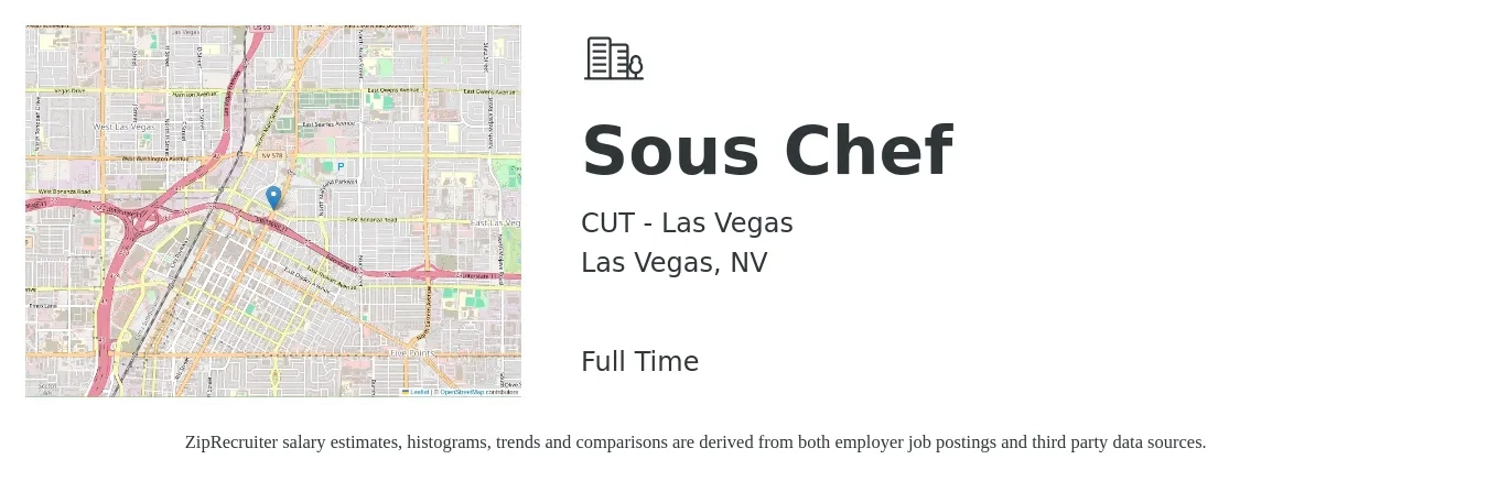 CUT - Las Vegas job posting for a Sous Chef in Las Vegas, NV with a salary of $47,800 to $64,500 Yearly with a map of Las Vegas location.
