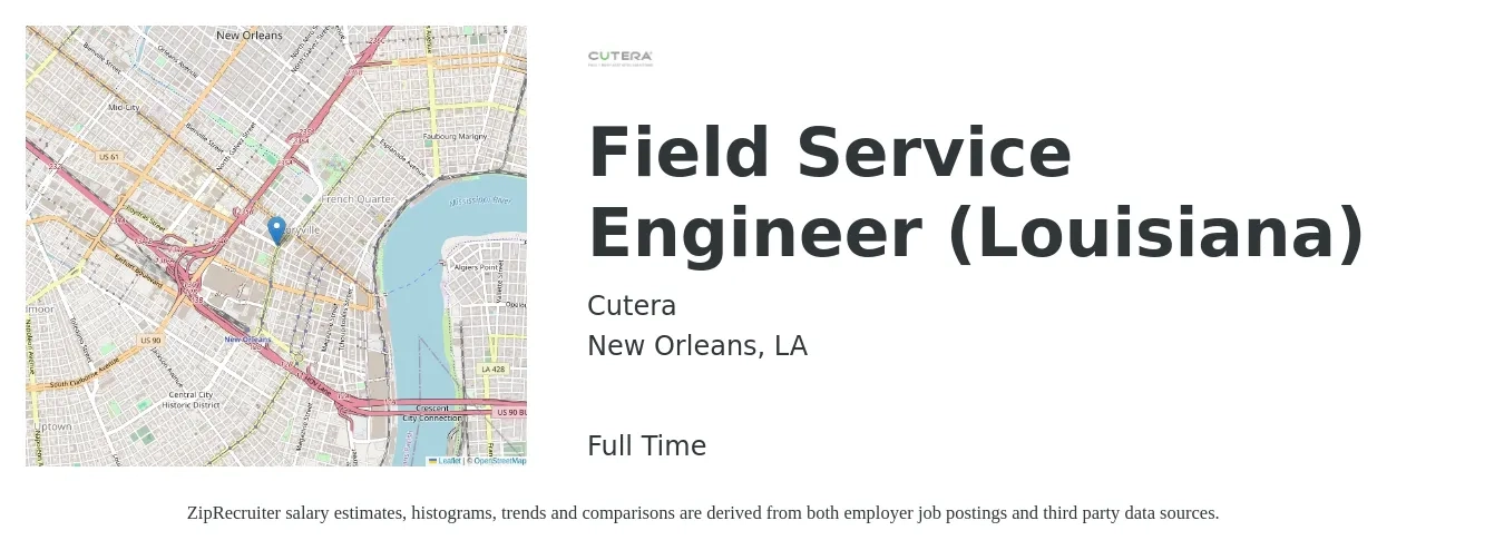 Cutera job posting for a Field Service Engineer (Louisiana) in New Orleans, LA with a salary of $65,000 to $100,000 Yearly with a map of New Orleans location.