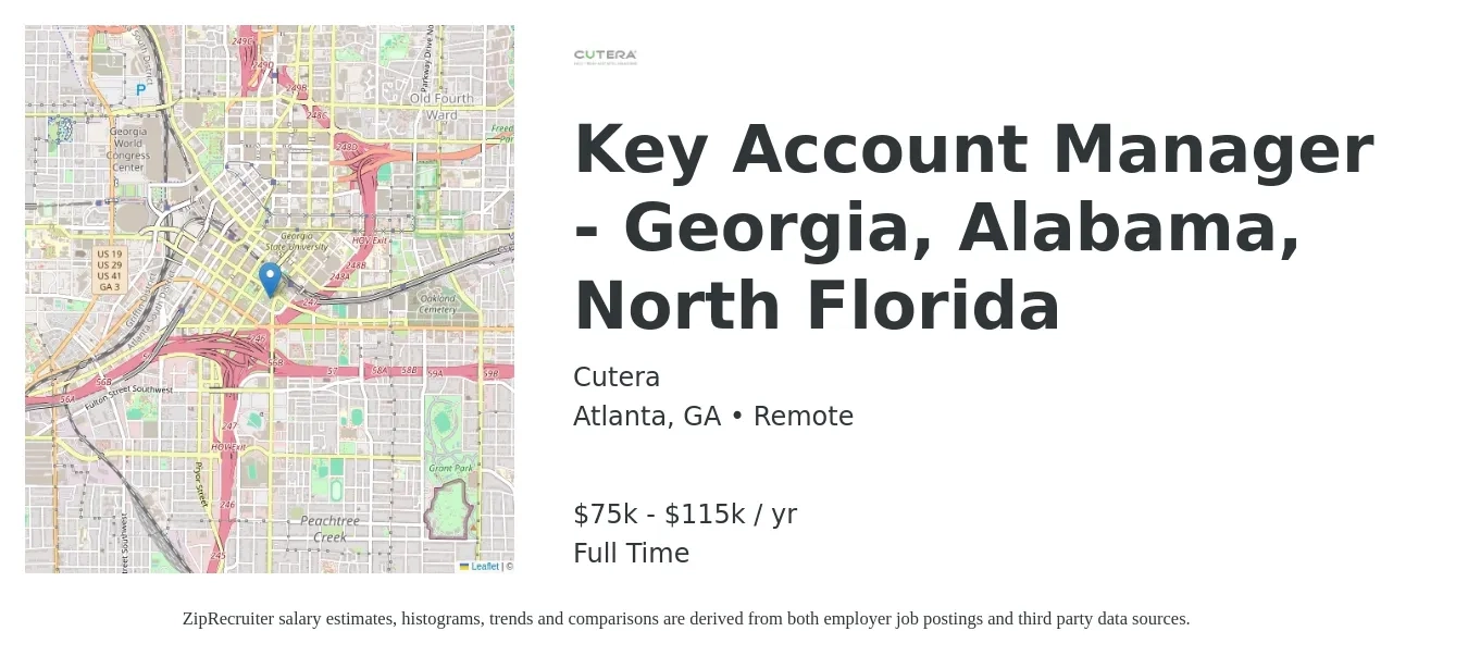 Cutera job posting for a Key Account Manager - Georgia, Alabama, North Florida in Atlanta, GA with a salary of $75,000 to $115,000 Yearly with a map of Atlanta location.