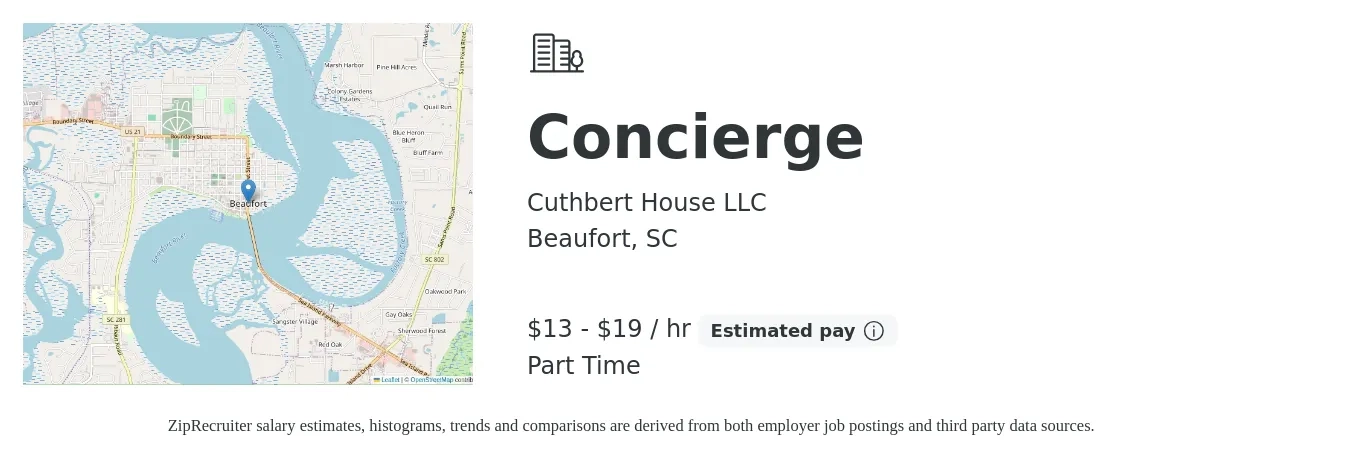 Cuthbert House LLC job posting for a Concierge in Beaufort, SC with a salary of $14 to $20 Hourly with a map of Beaufort location.