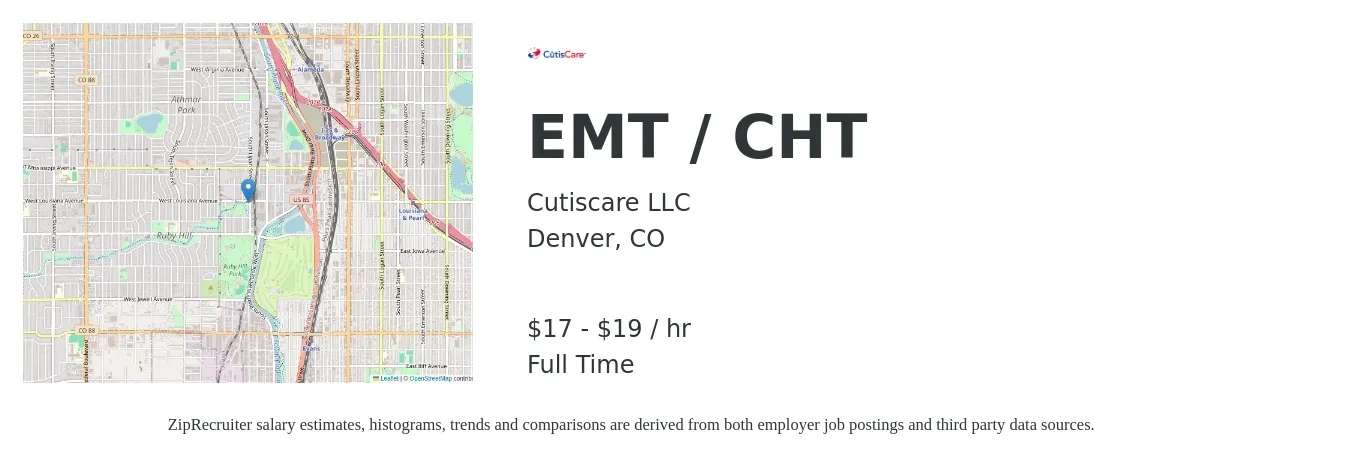 Cutiscare LLC job posting for a EMT / CHT in Denver, CO with a salary of $18 to $20 Hourly with a map of Denver location.