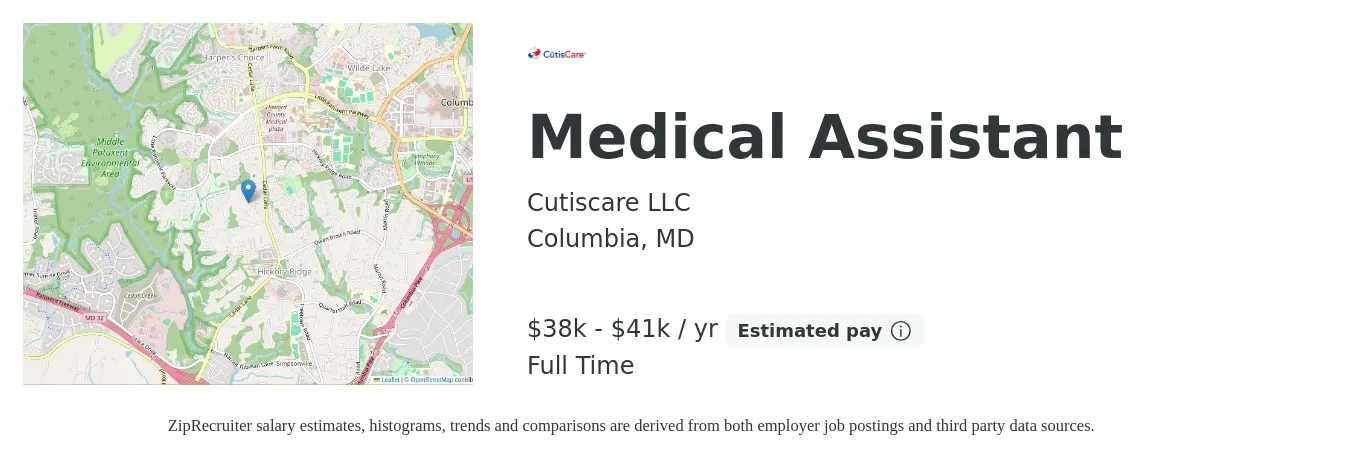 CutisCare LLC job posting for a Medical Assistant in Columbia, MD with a salary of $18 to $23 Hourly with a map of Columbia location.