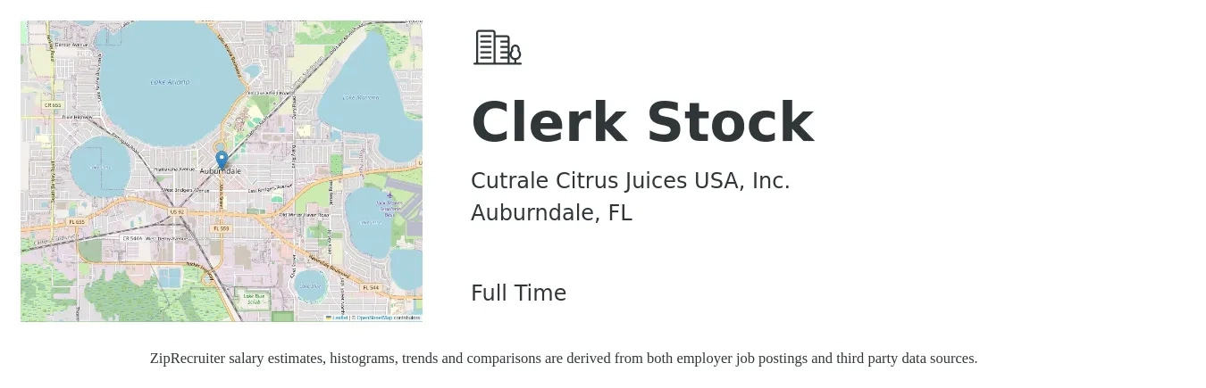 Cutrale Citrus Juices USA, Inc. job posting for a Clerk Stock in Auburndale, FL with a salary of $14 to $17 Hourly with a map of Auburndale location.