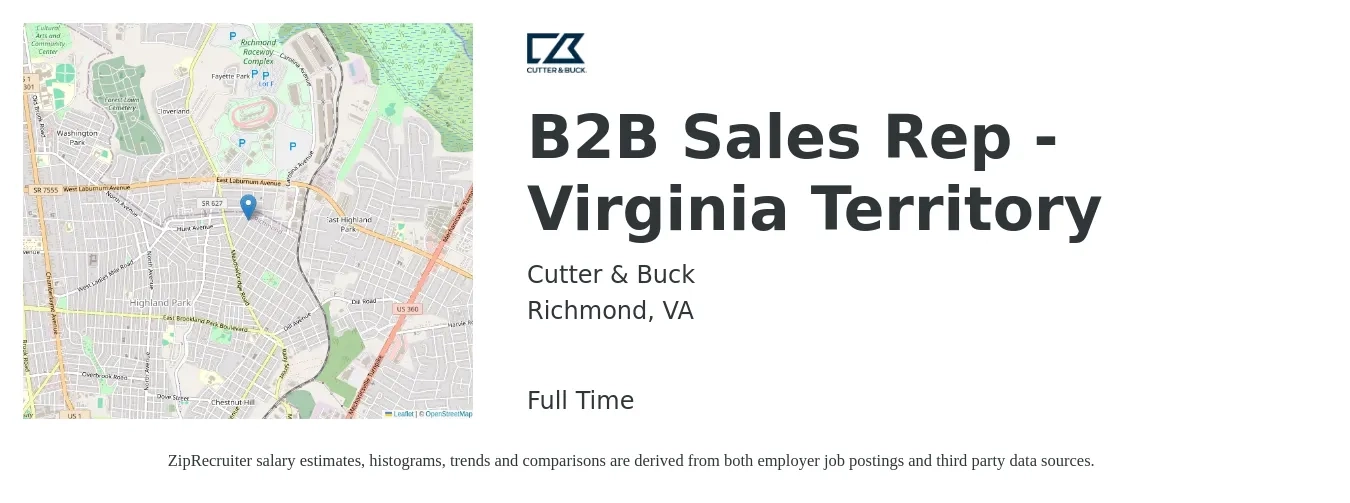 Cutter & Buck job posting for a B2B Sales Rep - Virginia Territory in Richmond, VA with a salary of $49,600 to $82,300 Yearly with a map of Richmond location.