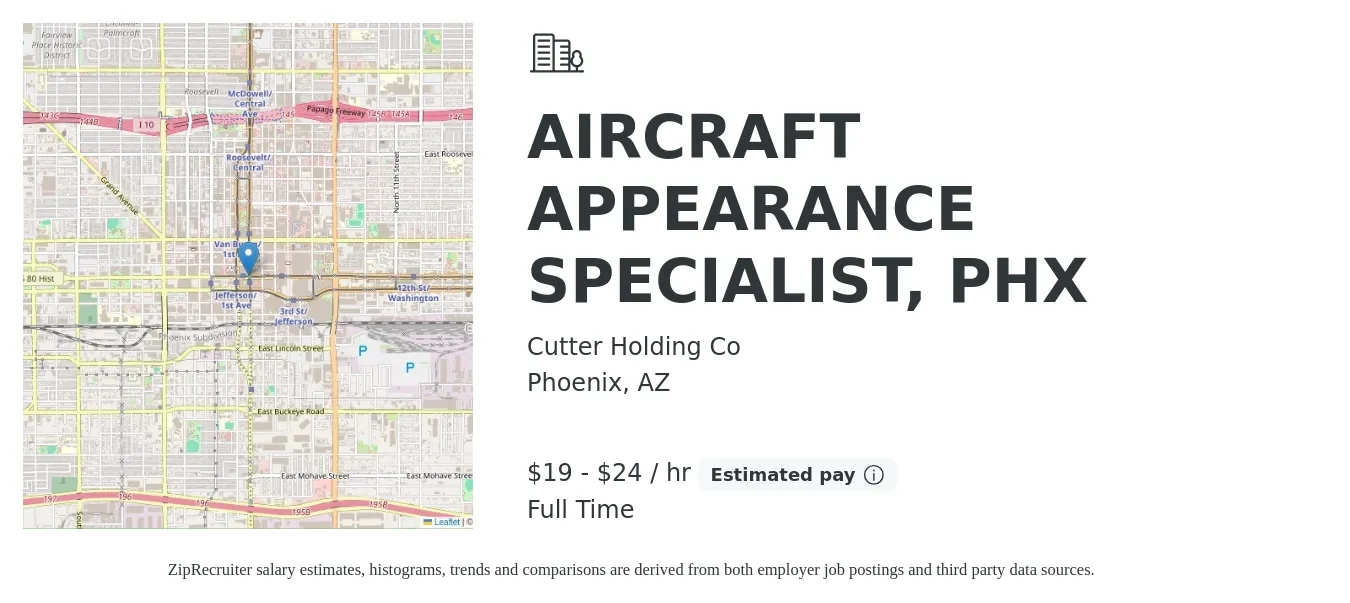 Cutter Holding Co job posting for a AIRCRAFT APPEARANCE SPECIALIST, PHX in Phoenix, AZ with a salary of $20 to $25 Hourly with a map of Phoenix location.