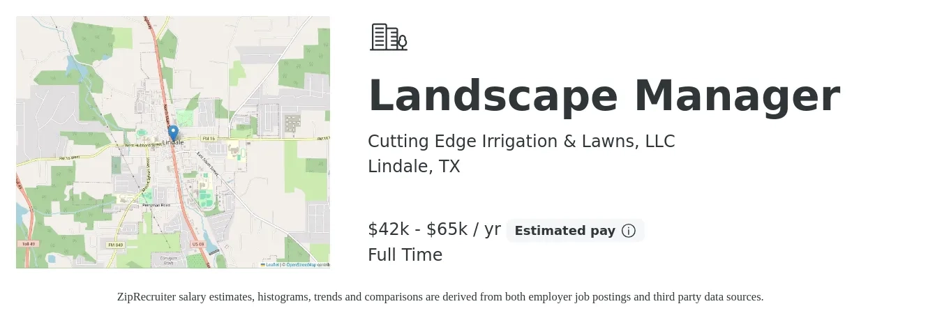 Cutting Edge Irrigation & Lawns, LLC job posting for a Landscape Manager in Lindale, TX with a salary of $42,500 to $65,000 Yearly with a map of Lindale location.