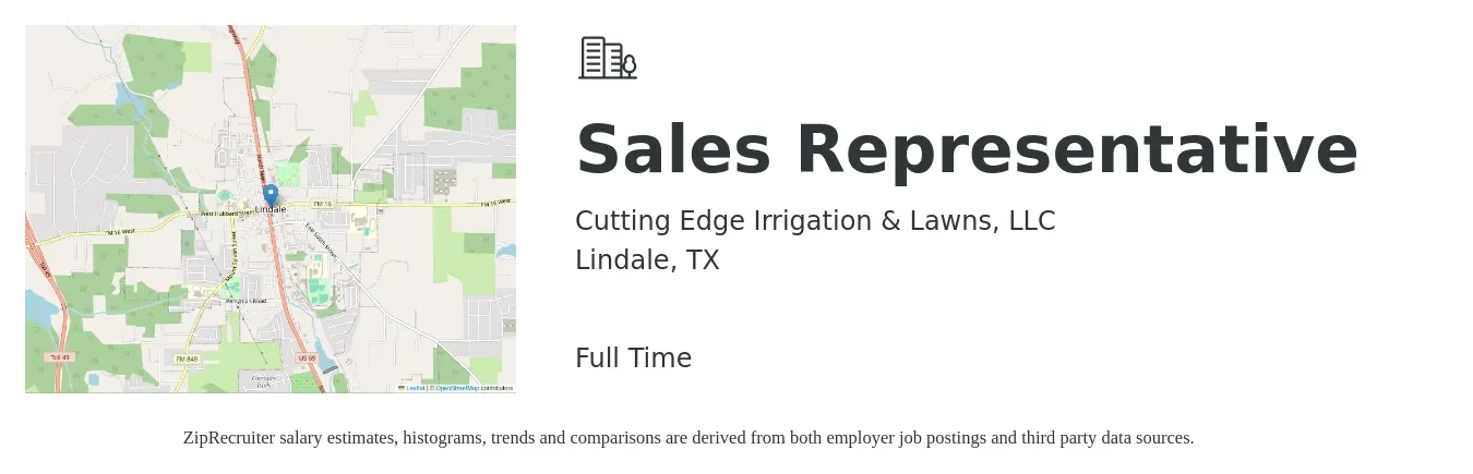 Cutting Edge Irrigation & Lawns, LLC job posting for a Sales Representative in Lindale, TX with a salary of $42,900 to $74,500 Yearly with a map of Lindale location.