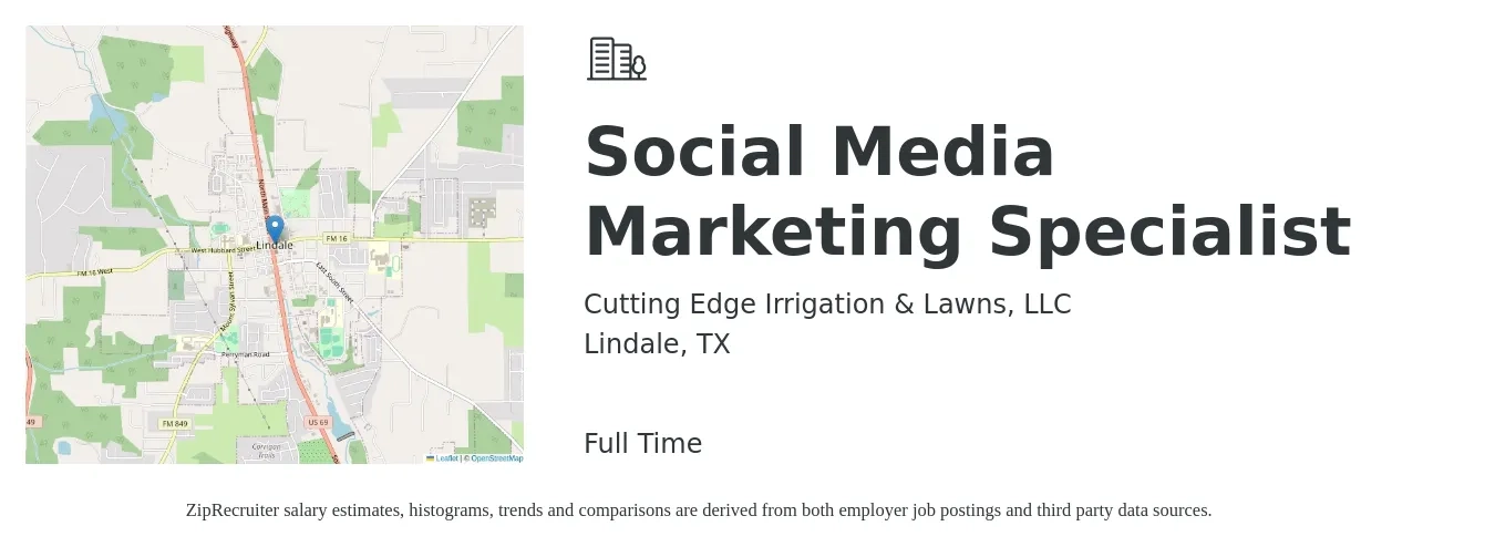 Cutting Edge Irrigation & Lawns, LLC job posting for a Social Media Marketing Specialist in Lindale, TX with a salary of $33,700 to $49,700 Yearly with a map of Lindale location.