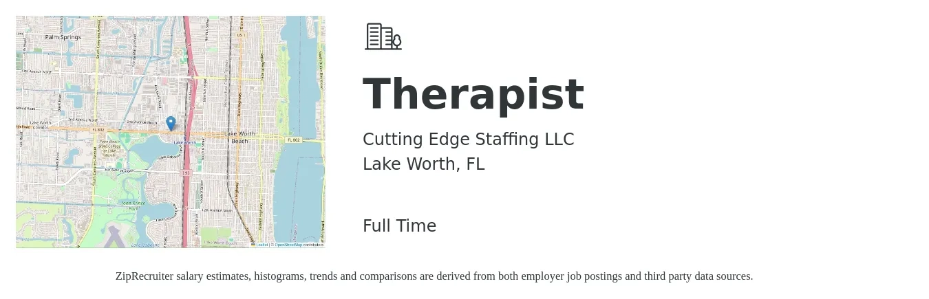 Cutting Edge Staffing LLC job posting for a Therapist in Lake Worth, FL with a salary of $46,400 to $64,300 Yearly with a map of Lake Worth location.