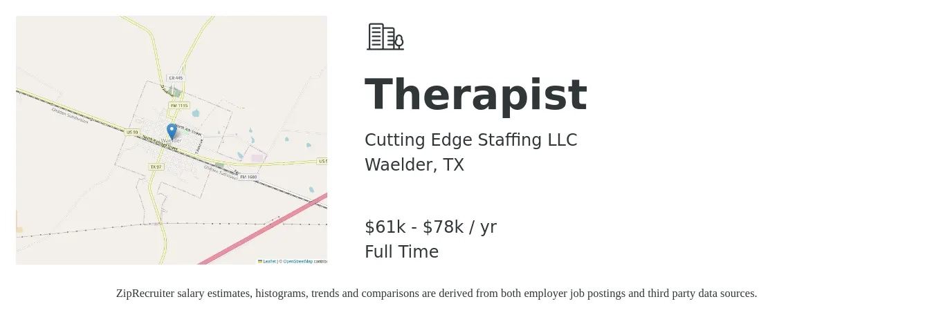 Cutting Edge Staffing LLC job posting for a Therapist in Waelder, TX with a salary of $61,000 to $78,000 Yearly with a map of Waelder location.