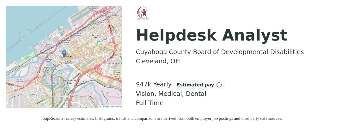 Cuyahoga County Board of Developmental Disabilities job posting for a Helpdesk Analyst in Cleveland, OH with a salary of $47,000 Yearly and benefits including dental, life_insurance, medical, pto, retirement, and vision with a map of Cleveland location.